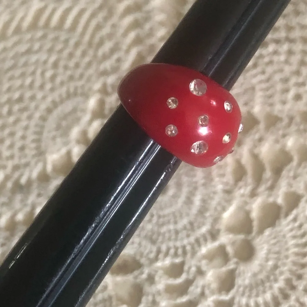 Vintage RED Lucite Rhinestone Bubble Ring